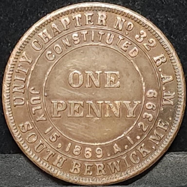 1869 Dated Masonic Penny Token Maine