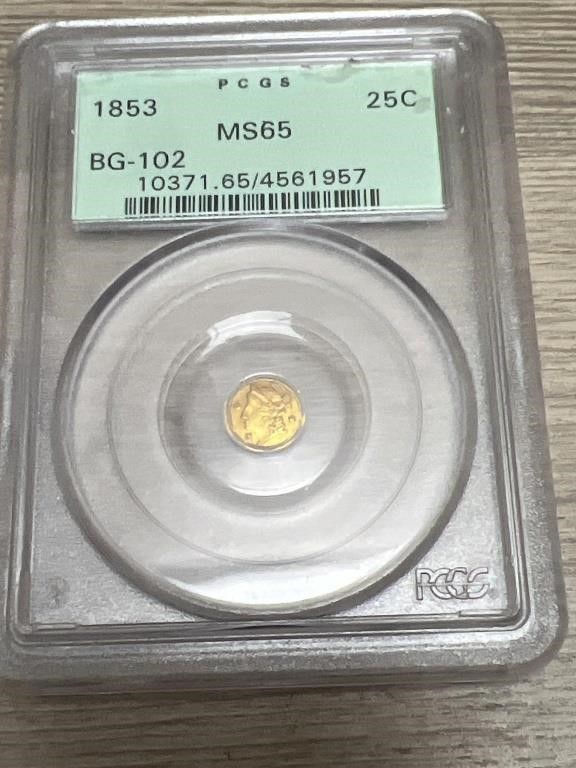 1853 25 Cent Fractional Gold PCGS MS65