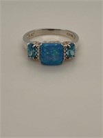 Blue Opal & Blue Rhinestone Silver Ring