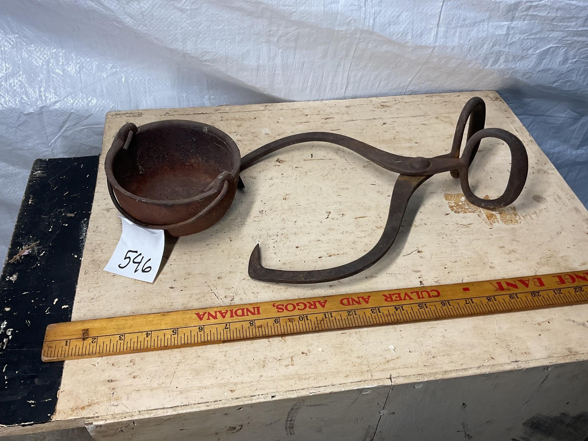 Antique iced tongs and small smelting pot