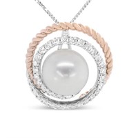 14K Rose Gold Diamond Pearl Pendant Necklace
