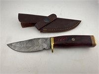 Steel Knife w/ Leather Sheath red handle. Damascus