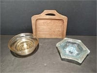 Wooden Carved Crumb Catcher and 2 Candlestick Hold