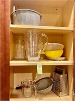 ASSORTED KITCHEN ITEMS, PITCHERS, ETC.