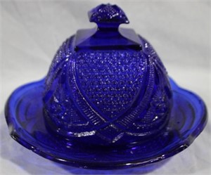 Blue Glass Covered Butter Dish 7x5.5