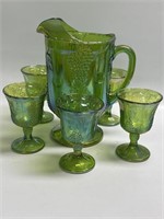 Indiana Green Carnival Glass Pitcher & 5 Goblets