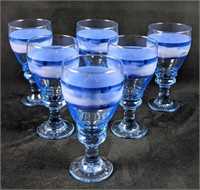Six Blue Glass Water Goblets With Stripe B
