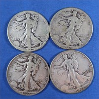 4 Liberty Half Dollars-1937-S, 1942,1944,1945
