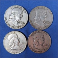 4 Franklin Half Dollars-1951,1957-D, 2-1958-D's