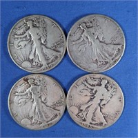 4 Liberty Half Dollars-1939, 1942, 1945, 1945-D
