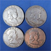 4 Franklin Half Dollars-1951-S,1952-D, 1961,1963-D