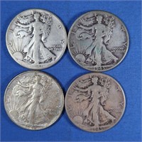 4 Liberty Half Dollars-1941, 2-1943, 1945