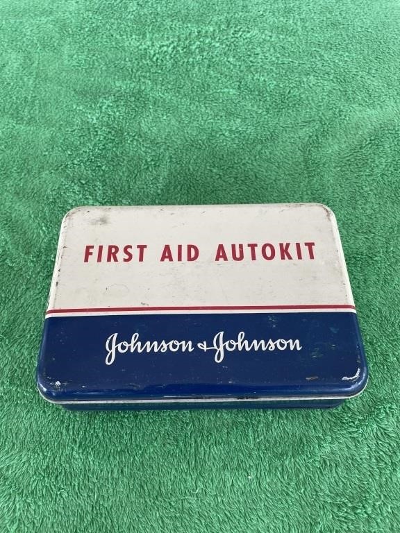 Vintage auto first aid kit, tin box