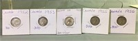 Lot of five 1950s Silver Canadian dimes