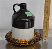 Small crock jug, amber glass ashtray