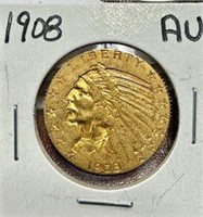 1908 $5 Indian Head Gold Coin - AU