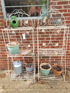 2 SMALL BAKER'S RACK PLANT STANDS AND FLOWER POTS