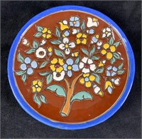 Spanish Made Pottery Plate Brown and Blue Flowers