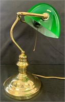 GREAT BRASS BANKER’S LAMP W EMERALD GREEN SHADE