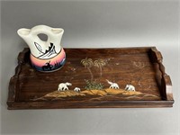 Wooden Tray w/ Inlay, Pottery Vase