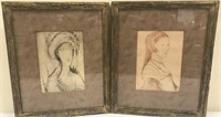Lot of 2 Framed Charcoal Drawings
