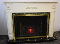 WOOD FIREPLACE WITH BRASS SCREEN, FIRE DOGS