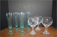 Blue Green Glasses & Three Crystal Goblets