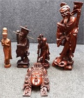 (5) Hand-Carved Wooden Asian Figures & More