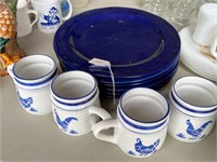 6pc 12" Blue Plates Plus 4 Rooster Mugs