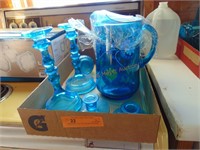 FLAT OF 2 BLUE PITCHERS AND CANDLE STICKS
