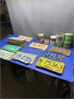 Miscellaneous tobacco tins and license plate