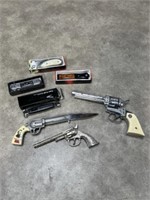 Assortment of folding knives with boxes and toy