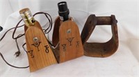 Pr of Vintage wooden horse stirrups table lamps