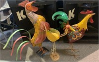 Three painted metal yard decorations - a rooster,
