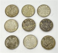 NINE CANADIAN PRE-1966 50 CENT COINS