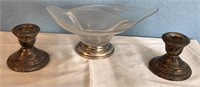 T - PEDESTAL BOWL & STERLING CANDLE HOLDERS