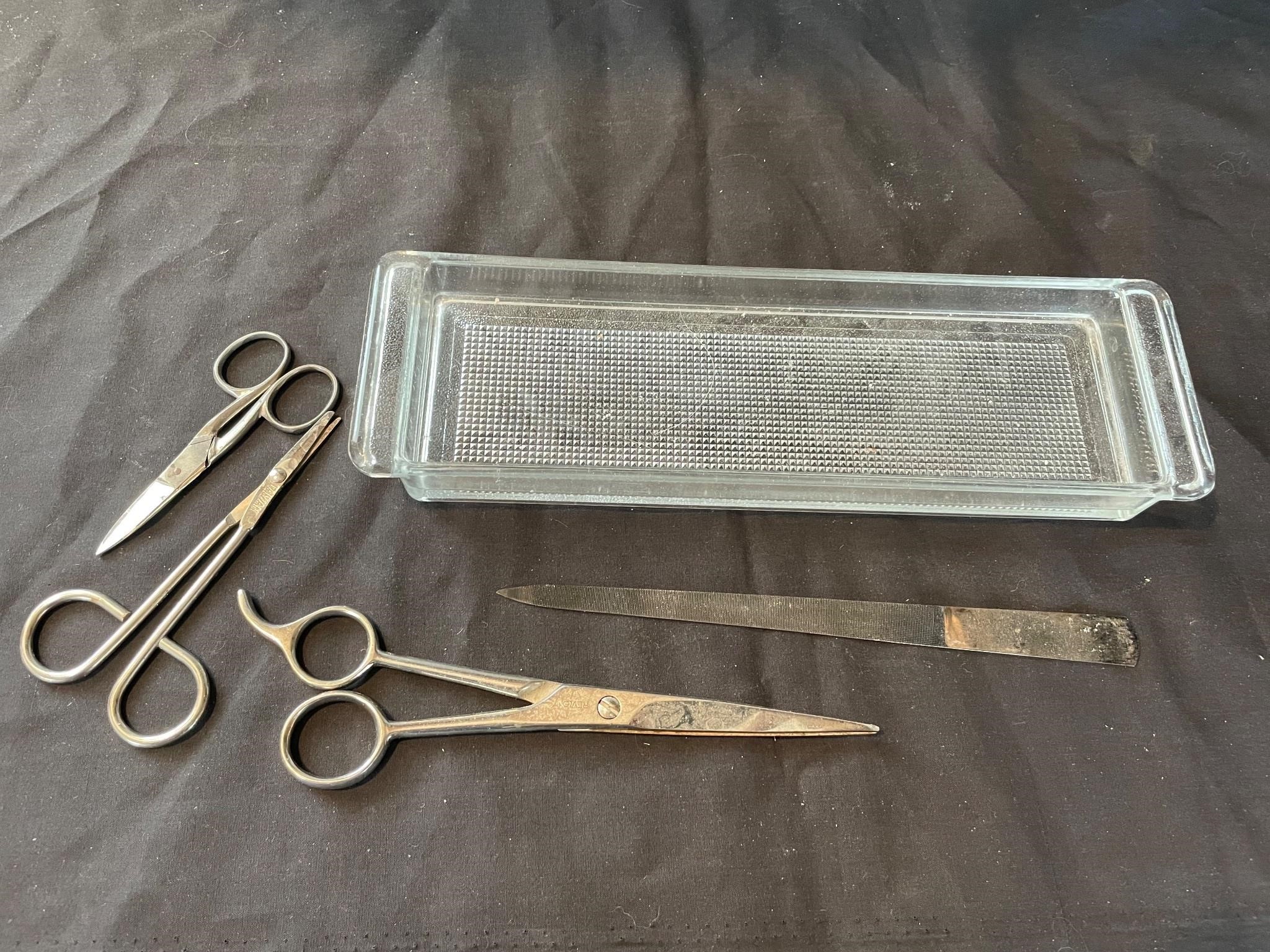 Antique Scissors, Mirror & Dish