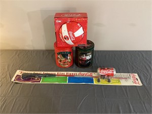Coca cola fishing pole, tins, volleyball