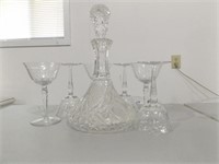 CUT GLASS DECANTER W/ETCHED STEMS~ SOME CHIPPED