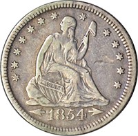 1854 SEATED LIBERTY QUARTER - VF/XF DETAILS