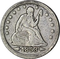 1853 A/R SEATED LIBERTY QUARTER - FINE, CLEANED