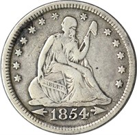 1854 SEATED LIBERTY QUARTER - FINE, OLD CLEANING