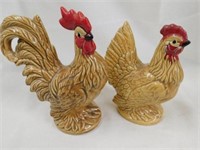 Brown ceramic hen & rooster, 7" tall.