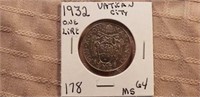 1932 One Lire Vatican City Coin MS65