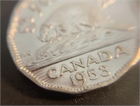 1953 Canada 5 Cents with Trails Die Variety