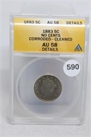 1883 P ANACS AU 58 No Cents Liberty V Nickel