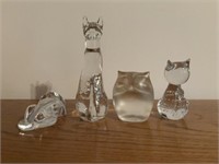 4 SOLID GLASS FIGURALS 2 CATS, 1 DOG & 1 OWL