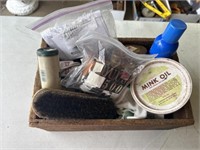 wooden box with shoe shine clean supplies and