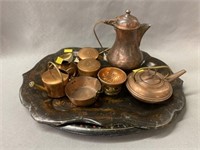 (2) Toleware Trays with Miniature Copper Cookware