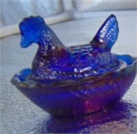 Vintage Cobalt Blue Glass Hen On Nest Salt Cellar